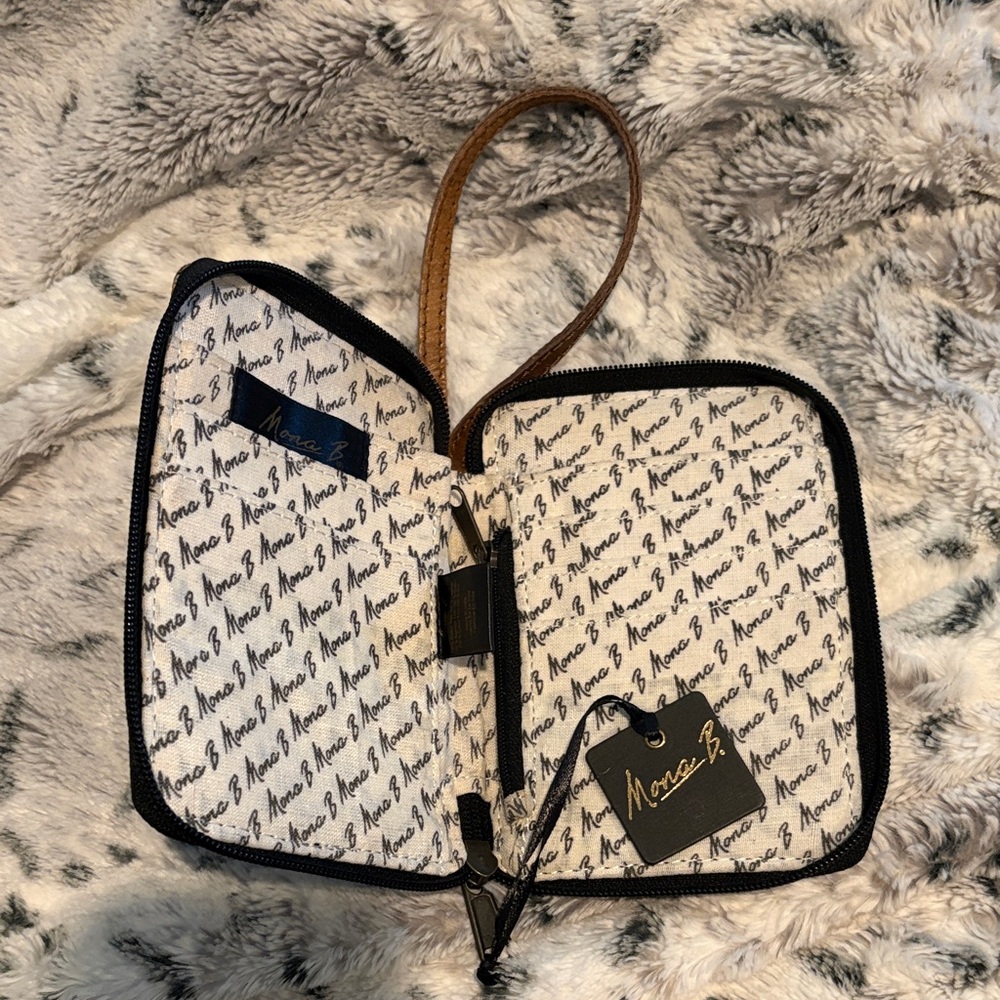Mona B Cream and Black Script Wristlet Clutch